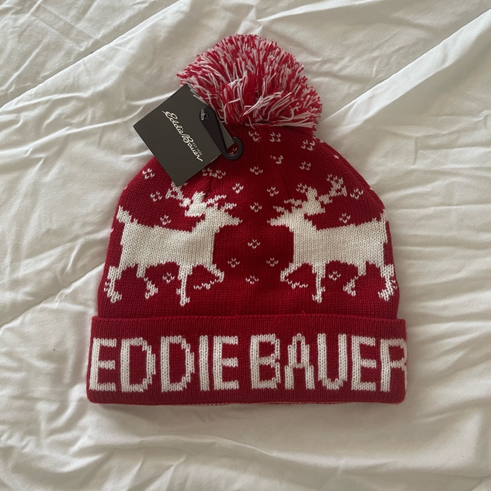EDDIE BAUER Pom Fleece-Lined Beanie, Holiday Festive Fair Isle, Red